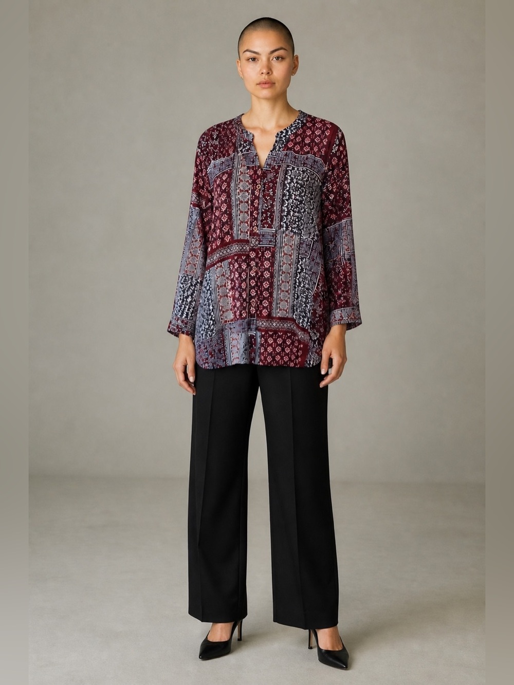 Tantrums Patchwork Print Tunic in Burgundy and Navy